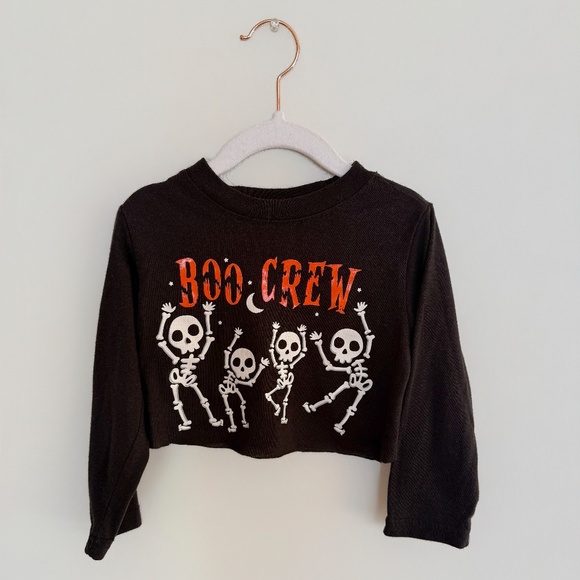 HALLOWEEN BOO CREW SKELETON LONG SLEEVE CROP T-SHIRT - Picture 1 of 1